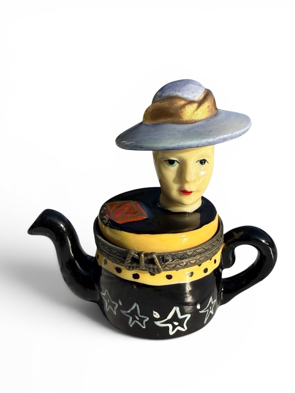 Vintage Art Deco Lady Teapot Trinket Box Ceramic Hinged Jewelry Keepsake Vanity